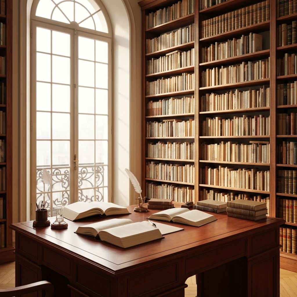 Parisian library setting with academic atmosphere