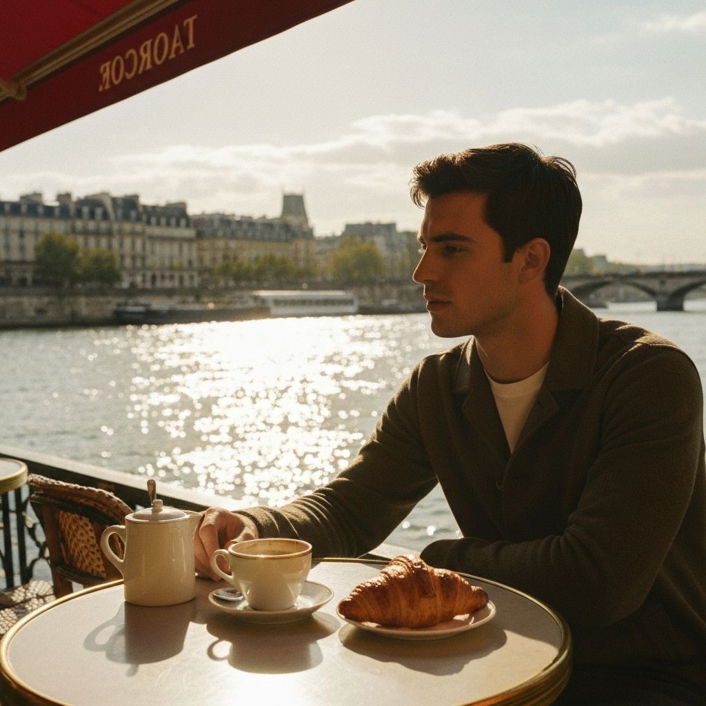 Morning cafe scene in Paris with coffee and pastry